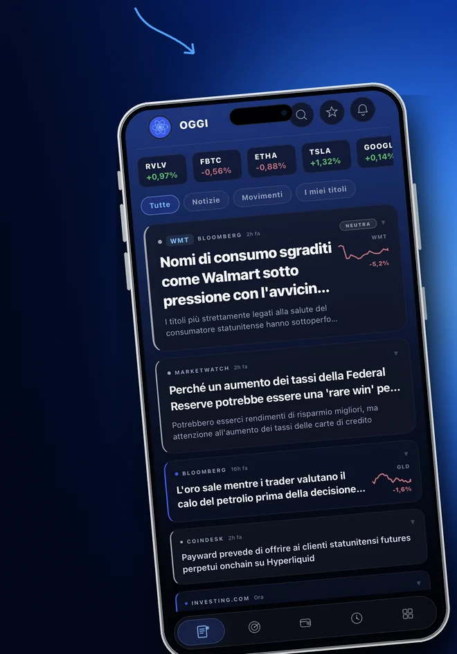La schermata delle notizie di InsiderFlow, con la spiegazione sotto ogni titolo